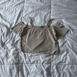 Bear Dance Beige Off-Shoulder Crop Top